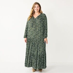 Sonoma Green Floral Tiered Long Sleeve Maxi Dress Size L